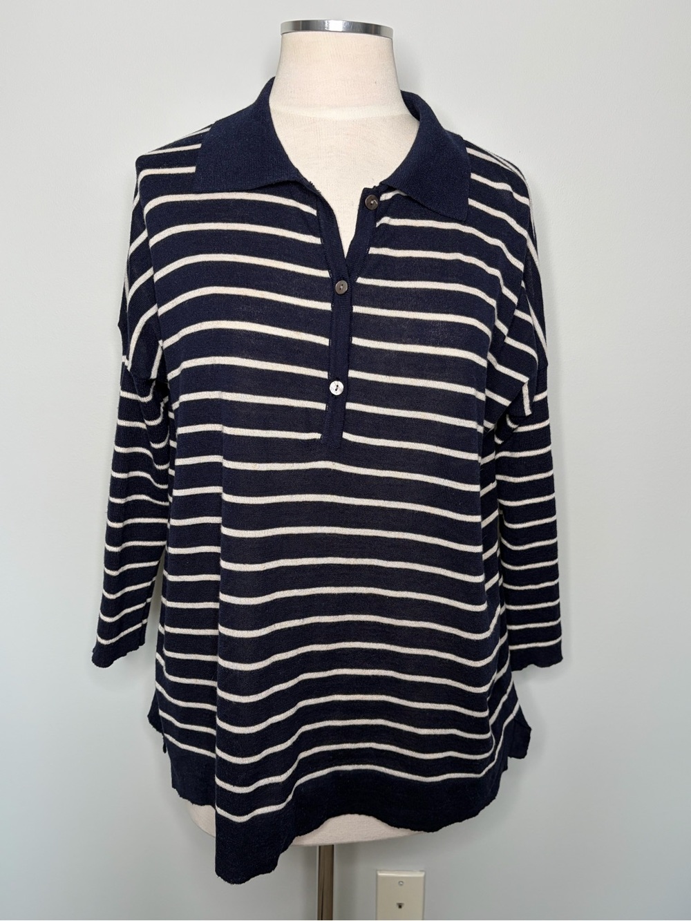 Tuckernuck Navy and White Stripe Clayton Knit Long-Sleeve Polo Top, XS/S